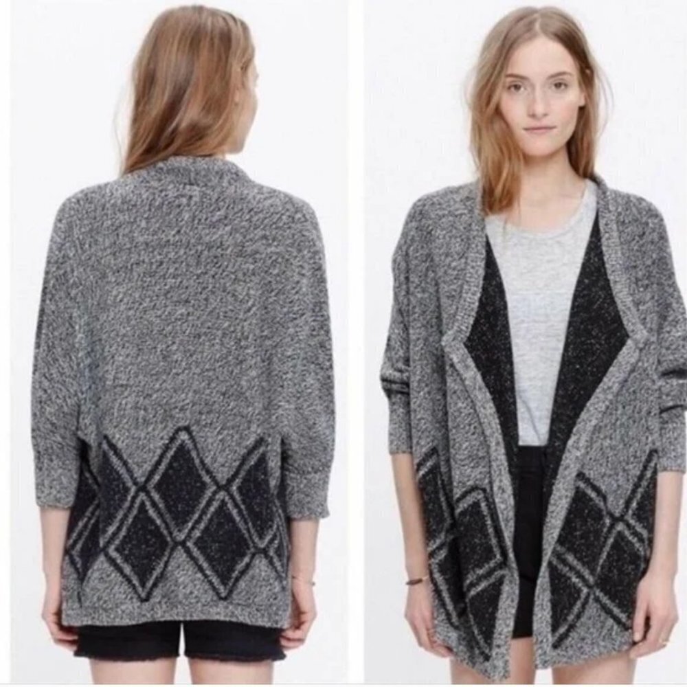 Madewell All Angles Black & Grey Diamond Drape Long Sleeve Cardigan, Sweater